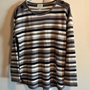 St. John’s Bay sporty sweater with grey and black and white stripes.